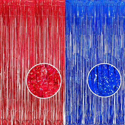 Picture of Foil Fringe Curtain 4th of July Decorations - Red Blue Metallic Tinsel Photo Booth Backdrop Party Steamers Curtains for Birthdays Christmas New Years Valentines Bachelorette Parties