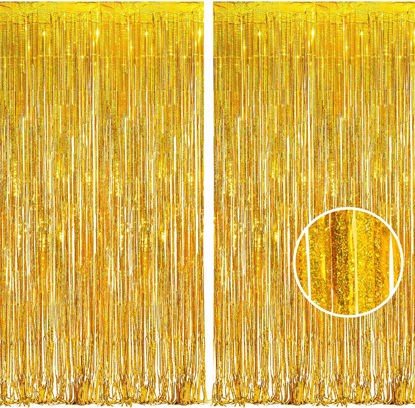 Picture of BRAVESHINE Gold Tinsel Foil Fringe Curtains - 2Pcs 3.2x8.2ft Holidays Photo Backdrop for Men 60th Birthdays/Bridal Wedding/Engagement/Anniversary/Hawaiian/Luau/Christmas/New Years Party Decorations