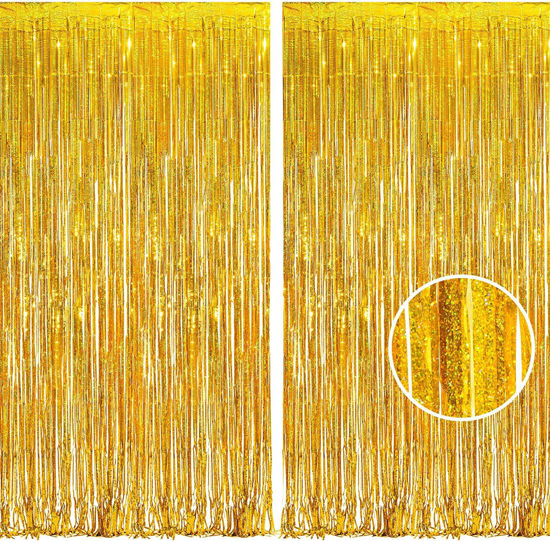 Picture of BRAVESHINE Gold Tinsel Foil Fringe Curtains - 2Pcs 3.2x8.2ft Holidays Photo Backdrop for Men 60th Birthdays/Bridal Wedding/Engagement/Anniversary/Hawaiian/Luau/Christmas/New Years Party Decorations
