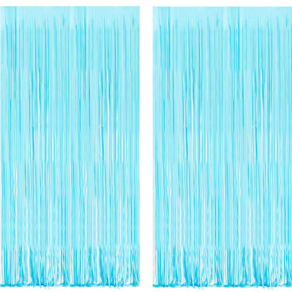 Picture of BRAVESHINE Foil Fringe Curtains Party Backdrop - Tinsel Curtain Backdrop Streamers Party Supplies for Baby Frozen Under Sea Shark Mermaid Party Decorations - 2Pcs Macaron Blue