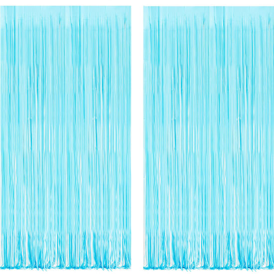 Picture of BRAVESHINE Foil Fringe Curtains Party Backdrop - Tinsel Curtain Backdrop Streamers Party Supplies for Baby Frozen Under Sea Shark Mermaid Party Decorations - 2Pcs Macaron Blue