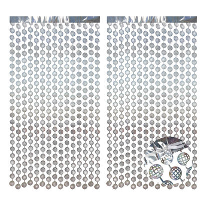 Picture of BRAVESHINE Hanging Balls Party Streamers Backdrop - 2 Pack Silver Tinsel Foil Curtain Photo Fringe Backdrop for 70s 80s Party, Birthdays, Bachelorette, Engagement, Music, Dance,New Years Decorations