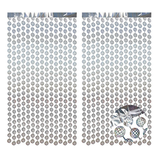 Picture of BRAVESHINE Hanging Balls Party Streamers Backdrop - 2 Pack Silver Tinsel Foil Curtain Photo Fringe Backdrop for 70s 80s Party, Birthdays, Bachelorette, Engagement, Music, Dance,New Years Decorations