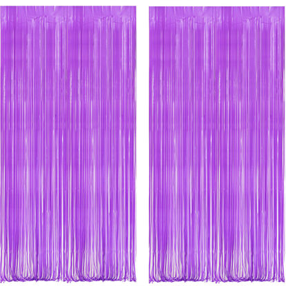 Picture of BRAVESHINE Tinsel Photo Backdrop Curtains - 2Pcs 3.2x8.2ft Macaron Purple Foil Fringe Streamer Curtain for Birthdays Bachelorette Valentines Mermaid Butterfly Party Decorations