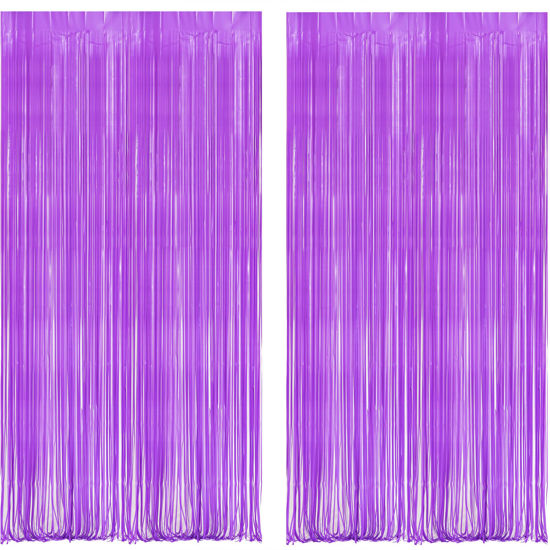 Picture of BRAVESHINE Tinsel Photo Backdrop Curtains - 2Pcs 3.2x8.2ft Macaron Purple Foil Fringe Streamer Curtain for Birthdays Bachelorette Valentines Mermaid Butterfly Party Decorations