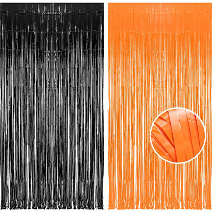 Picture of BRAVESHINE 1 Black 1 Orange Tinsel Photo Backdrop Curtains - 3.2x8.2ft Foil Fringe Streamer Curtain for Birthdays, Halloweens, Graduations, Pumpkin, Home, Indoor or Outdoor Party Supplies Decorations