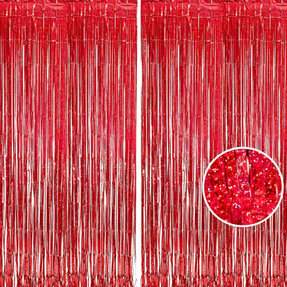 Picture of BRAVESHINE Red Tinsel Foil Fringe Curtains - 2Pcs 3.2x8.2ft Holidays Photo Booth Backdrop for Girls' Birthdays Valentine’s Day Christmas Bridal Bachelorette Anniversary Engagement Party