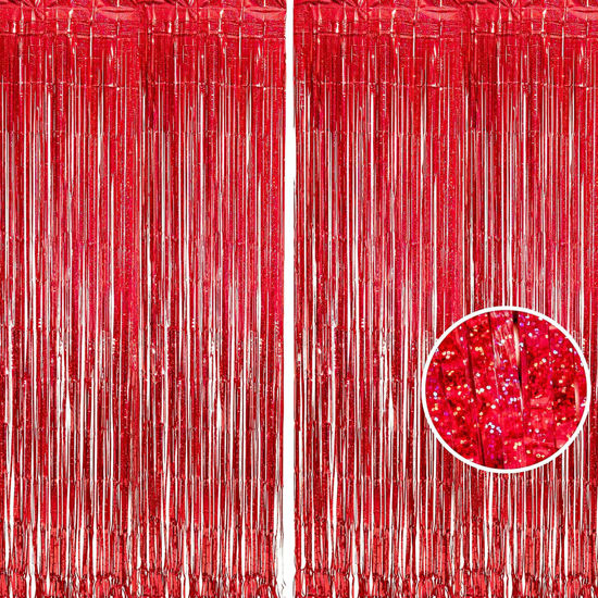 Picture of BRAVESHINE Red Tinsel Foil Fringe Curtains - 2Pcs 3.2x8.2ft Holidays Photo Booth Backdrop for Girls' Birthdays Valentine’s Day Christmas Bridal Bachelorette Anniversary Engagement Party