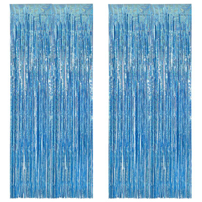 Picture of BRAVESHINE Light Blue Tinsel Foil Fringe Curtains - 2Pcs 3.2x8.2 ft Metallic Holiday Photo Booth Backdrop for Birthdays Mermaid Frozen Sea Bachelorette Party Streamers Decorations