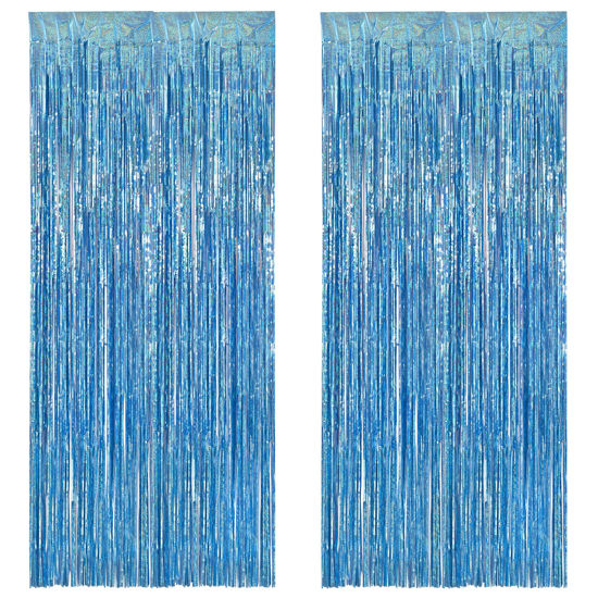 Picture of BRAVESHINE Light Blue Tinsel Foil Fringe Curtains - 2Pcs 3.2x8.2 ft Metallic Holiday Photo Booth Backdrop for Birthdays Mermaid Frozen Sea Bachelorette Party Streamers Decorations