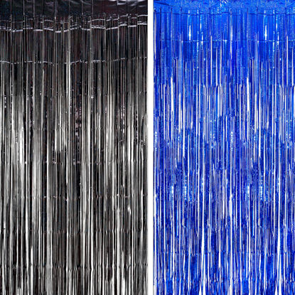 Picture of Foil Fringe Curtain Party Decorations - Black Blue Metallic Tinsel Photo Booth Backdrop Party Steamers Curtains for Birthdays Christmas New Years Homecoming Party Decoration