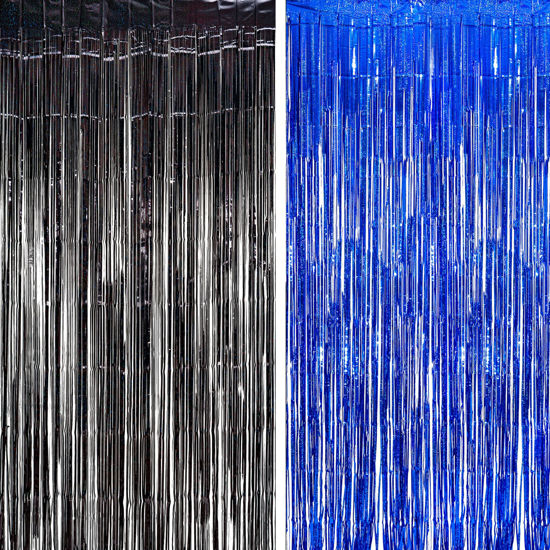 Picture of Foil Fringe Curtain Party Decorations - Black Blue Metallic Tinsel Photo Booth Backdrop Party Steamers Curtains for Birthdays Christmas New Years Homecoming Party Decoration
