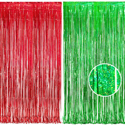 Picture of BRAVESHINE Tinsel Foil Fringe Curtains - 2 Pack 3.2 x 8.2 ft Metallic Photo Booth Streamer Backdrops for Birthdays Fiestas Melons Hawaiian Luau Tropical-Theme Christmas Party Decorations - Red Green