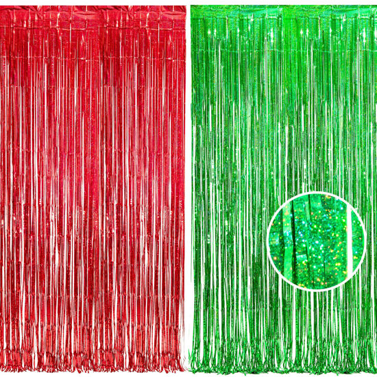 Picture of BRAVESHINE Tinsel Foil Fringe Curtains - 2 Pack 3.2 x 8.2 ft Metallic Photo Booth Streamer Backdrops for Birthdays Fiestas Melons Hawaiian Luau Tropical-Theme Christmas Party Decorations - Red Green