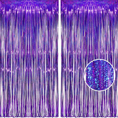 Picture of BRAVESHINE Purple Tinsel Foil Fringe Curtains - 2Pcs 3.2x8.2ft Metallic Holidays Photo Backdrop for Halloweens Birthdays Valentine's Bridal Shower Bachelorette Anniversary Engagement Party Supplies