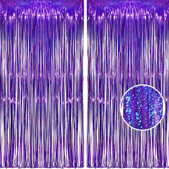 Picture of BRAVESHINE Purple Tinsel Foil Fringe Curtains - 2Pcs 3.2x8.2ft Metallic Holidays Photo Backdrop for Halloweens Birthdays Valentine's Bridal Shower Bachelorette Anniversary Engagement Party Supplies
