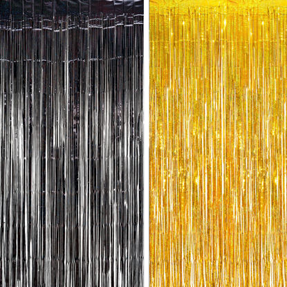 Picture of BRAVESHINE Black Gold Foil Fringe Curtain Backdrop - 2 Pack 3.2 x 8.2 ft Metallic Tinsel Photo Booth Streamers Curtains for 50th Birthdays Christmas New Years Anniversary Graduates Party Decorations