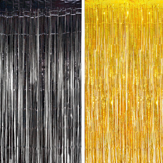 Picture of BRAVESHINE Black Gold Foil Fringe Curtain Backdrop - 2 Pack 3.2 x 8.2 ft Metallic Tinsel Photo Booth Streamers Curtains for 50th Birthdays Christmas New Years Anniversary Graduates Party Decorations