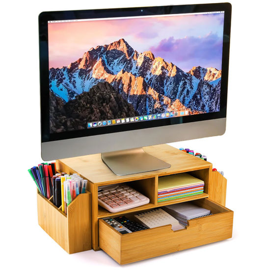 Picture of Hiceeden 2 Tier Bamboo Desktop Organizer, Desk Monitor Stand Riser with 1 Drawer and 2 Pen Holder, 2 Compartment Computer Desk Storage Organizer for Laptop, Printer, iMac
