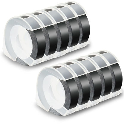 Picture of Pristar Replacement 3D Plastic 9mm Embossing Tapes 3/8'' x 9.8' Compatible for Dymo Embossing Label Maker Organizer Xpress 12965, Xpress Pro 12966, Office Mate II 154000, White Print on Black, 10-Pack