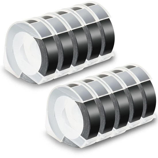 Picture of Pristar Replacement 3D Plastic 9mm Embossing Tapes 3/8'' x 9.8' Compatible for Dymo Embossing Label Maker Organizer Xpress 12965, Xpress Pro 12966, Office Mate II 154000, White Print on Black, 10-Pack