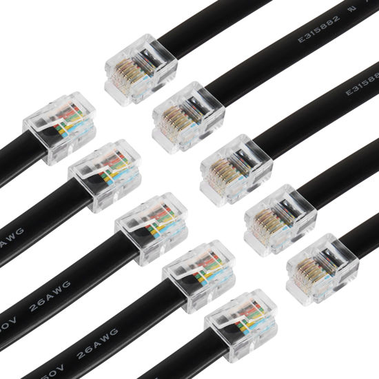 Picture of RIIEYOCA 12 Inch Short RJ12 Straight Wired Cable 6P6C Male to Male Flat Telephone Cord,Compatible with Data and Voice(Black,10Pack)