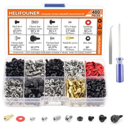 Picture of HELIFOUNER 480 Pieces Computer Standoffs Screws Assorted Kit for 2.5" SSD, Hard Drive, Computer Case, Motherboard, Fan Power Graphics with Screwdriver