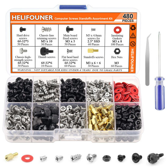 Picture of HELIFOUNER 480 Pieces Computer Standoffs Screws Assorted Kit for 2.5" SSD, Hard Drive, Computer Case, Motherboard, Fan Power Graphics with Screwdriver