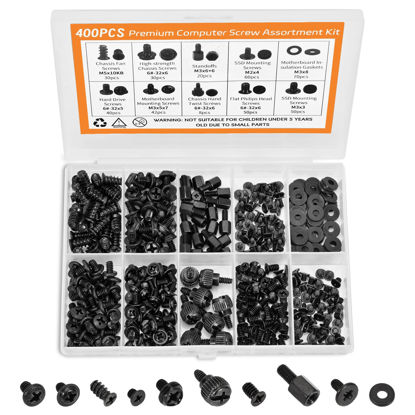 Picture of 400Pcs Premium Computer Screws Kit for PC, Includes Motherboard Screws, Standoffs, SSD Mounting Screws, PC Case, Fan, and Hard Drive Screws - High-Strength & Durable for Custom Builds and Repairs