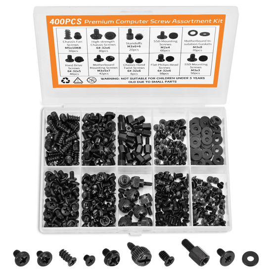 Picture of 400Pcs Premium Computer Screws Kit for PC, Includes Motherboard Screws, Standoffs, SSD Mounting Screws, PC Case, Fan, and Hard Drive Screws - High-Strength & Durable for Custom Builds and Repairs
