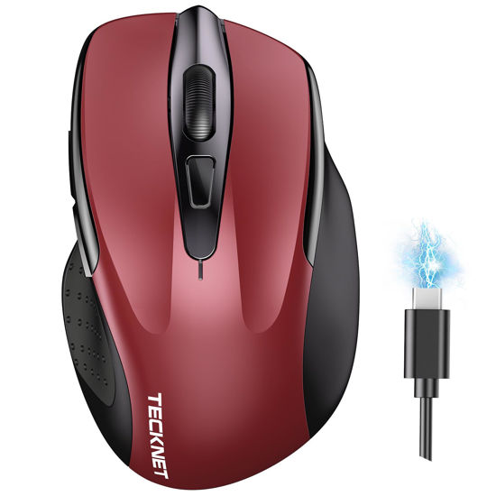 Picture of TECKNET Wireless Mouse (BT5.0/3.0 & 2.4G) Rechargeable 4800 DPI Silent 6 Button Bluetooth & USB A Mouse - Wide Compatibility - Red