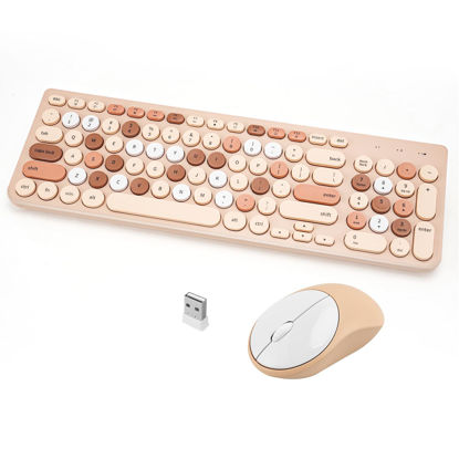 Picture of Wireless Keyboard and Mouse Combo, Retro Typewriter Wireless Keyboard with Round Keycaps, 2.4GHz Full-Size USB Cute Wireless Keyboard Mouse for Computer, Desktop, Laptop (Milk Tea Colorful)