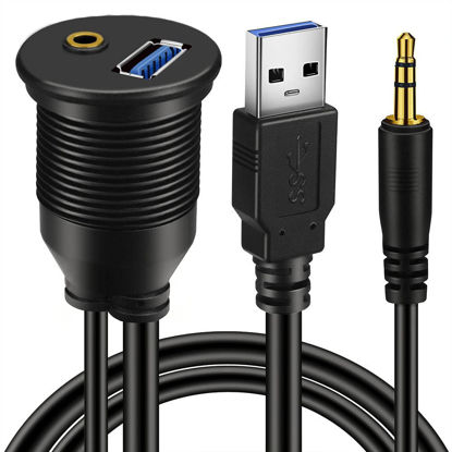 Picture of BATIGE 2 Pack USB 3.0 & 3.5mm Car Mount Flush Cable 3.5mm + USB3.0 AUX Extension Dash Panel Waterproof Mount Cable for Car Boat and Motorcycle - 3ft
