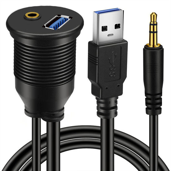 Picture of BATIGE 2 Pack USB 3.0 & 3.5mm Car Mount Flush Cable 3.5mm + USB3.0 AUX Extension Dash Panel Waterproof Mount Cable for Car Boat and Motorcycle - 3ft