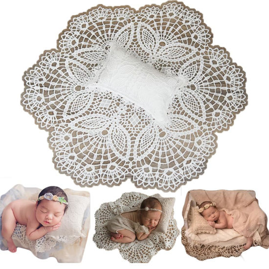 Picture of Newborn Photography Props Blanket Backdrop Photography for Babies Lace Backdrops Wrap Baby Boy Girl Photo Shoot Outfits (Round blanket set, White)