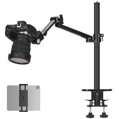Picture of TARION Camera Arm Mount Desk Stand: Heavy Duty DSLR Desktop Mount Camera Stand with Tablet Holder Double C Clamp 1/4 3/8 Screw Adapter Articulating Arm for Selfie Streaming Videography TitanRig Lite Z