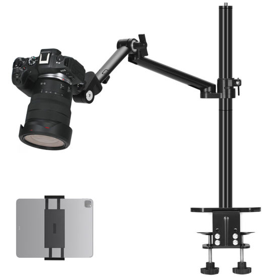 Picture of TARION Camera Arm Mount Desk Stand: Heavy Duty DSLR Desktop Mount Camera Stand with Tablet Holder Double C Clamp 1/4 3/8 Screw Adapter Articulating Arm for Selfie Streaming Videography TitanRig Lite Z