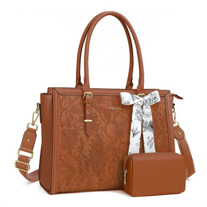 Picture of MOSISO Laptop Bag for Women, 17-17.3 inch PU Leather Tote Bag Compatible with MacBook, HP, Dell, Asus Notebook, Front Embossed Retro Hibiscus Computer Bag with Silk Scarf&Clutch Purse, Brown