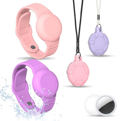 Picture of [4 Pack] Waterproof Air Tag Bracelet & Air Tag Necklace for Kids, Silicone Air Tag Hidden Wristband Kids Air Tag Holder Compatible with Apple AirTag Lightweight Air tag Accessories (Pink+Purple)