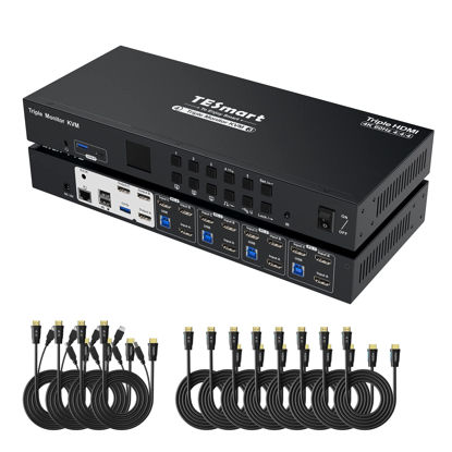 Picture of TESmart USB 3.0 HDMI KVM Switch 3 Monitors 4 Computers 4K@60Hz, Headset, Audio&Microphone, EDID emulators, Hotkey Switch, Wired Network, Rack-Ears, 4 Port Triple Monitor KVM Switch with All Cables
