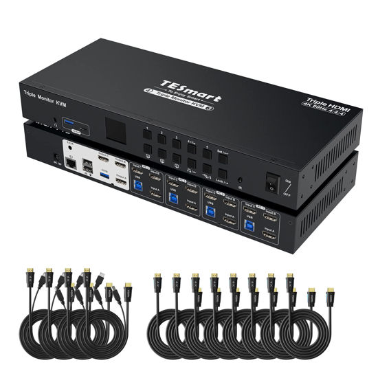 Picture of TESmart USB 3.0 HDMI KVM Switch 3 Monitors 4 Computers 4K@60Hz, Headset, Audio&Microphone, EDID emulators, Hotkey Switch, Wired Network, Rack-Ears, 4 Port Triple Monitor KVM Switch with All Cables