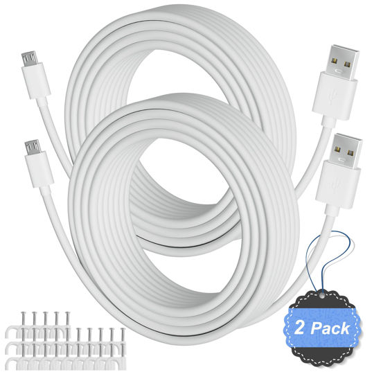 Picture of 2-Pack 20FT USB to Micro USB Extension Power Cable, Long Charging Cord, 21AWG OFC, Oxygen-Free Copper, Compatible with Wyze Cam, Nest Cam, Yi Home Camera, Kasa Cam Security Camera, White