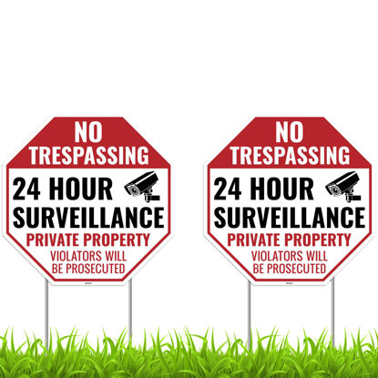 Picture of 2PC Video Surveillance Sign with Stake, 13 Inches by 13 Inches - Corrugated Plastic - Warning Home Security Signs for Outdoor Yard - No Trespassing Private Property