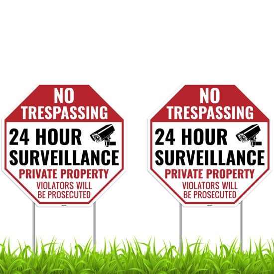 Picture of 2PC Video Surveillance Sign with Stake, 13 Inches by 13 Inches - Corrugated Plastic - Warning Home Security Signs for Outdoor Yard - No Trespassing Private Property