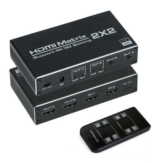 Picture of HDMI Matrix 2x2, HDMI Matrix Switch 2 in 2 Out Switcher Splitter Box with IR Remote Control, Support Ultra 4K@60Hz YUV 4:2:0, 4K@30Hz, 3D, 1080P，HDMI 1.4, HDCP 1.4