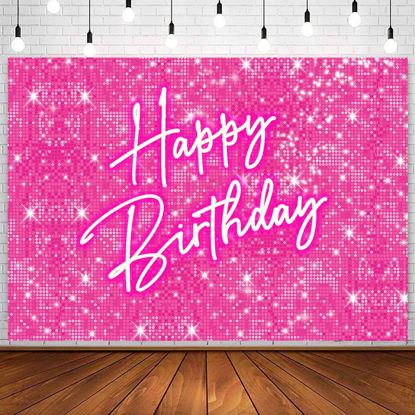 Picture of InMemory Shiny Pink Neon Happy Birthday Backdrop for Lady Girls Women Princess Theme Party Table Wall Decorations Banner Sparkle Birthday Photo Booth Studio Background 5x3ft
