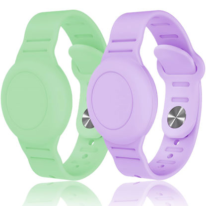 Picture of Kids Waterproof Airtag Bracelet Compatible with Apple AirTag, Hidden Silicon Protective Case for Air Tag GPS Tracker Holder, Adjustable Anti-Lost Watch Band for Toddler Child (Green & Purple)