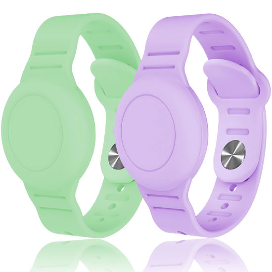 Picture of Kids Waterproof Airtag Bracelet Compatible with Apple AirTag, Hidden Silicon Protective Case for Air Tag GPS Tracker Holder, Adjustable Anti-Lost Watch Band for Toddler Child (Green & Purple)