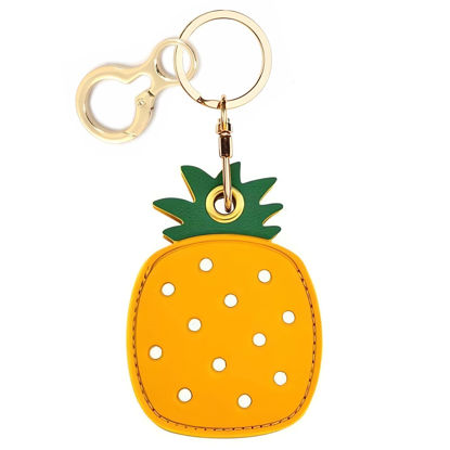 Picture of BORKUANA Leather Keychain Holder Case Compatible with Apple AirTag, Cute Protective Air Tag Cover With Keychain Ring, Anti-Scratch Finder GPS Tracker Case for Wallet Keys(Another pineapple)
