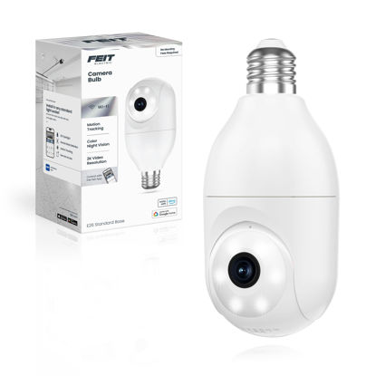 Picture of Feit Electric Smart Security Camera Bulb, 2K QHD Resolution, 2-Way Audio, Human Tracking, 350° Pan, Night Vision, Motion Alerts, E26 Base, Alexa/Google Assistant Compatible, CAM/PAN/WIFI/E26/2K